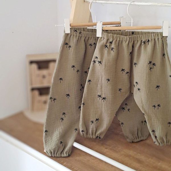 sarouel garçon double gaze motifs palmiers, sarouel pour bebe du 3 mois au 4 ans