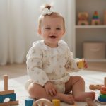 bébé dans sa barboteuse bebe fille manches longues en double gaze avec col en dentelle. Taille 18 mois