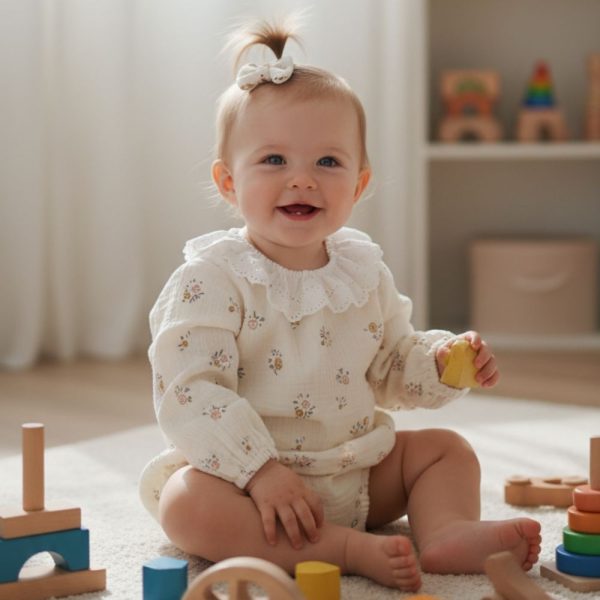 bébé dans sa barboteuse bebe fille manches longues en double gaze avec col en dentelle. Taille 18 mois