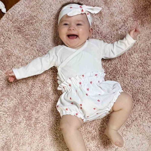 bloomer bebe fille Julia printemps été en double gaze coeurs brodés rose + accessoires cheveux (bandeau) - du 1 mois au 4 ans