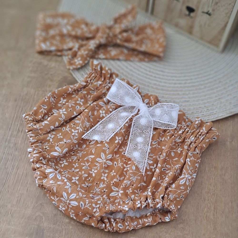 bloomer bebe fille Julia printemps été en double gaze nature caramel noeud en dentelle - du 1 mois au 4 ans
