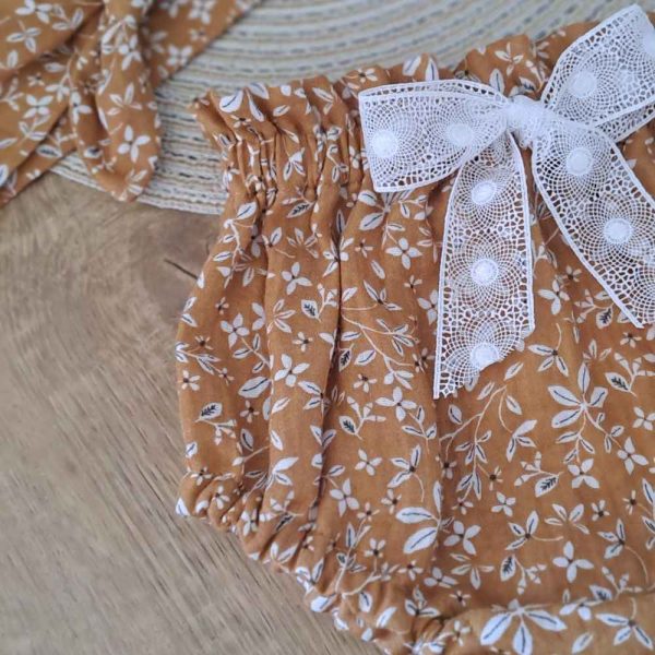bloomer bebe fille Julia printemps été en double gaze nature caramel noeud en dentelle - du 1 mois au 4 ans