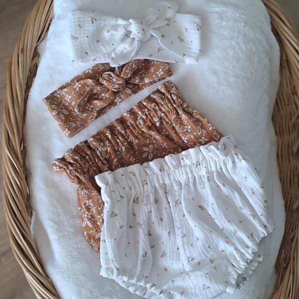 bloomer bebe fille Julia printemps été en double gaze camel assortis + accessoires cheveux (bandeau) - du 1 mois au 4 ans